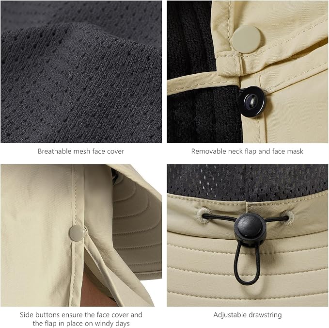 BASSDASH UPF 50+ Breathable Sun Hat with Removable Face Cover and Neck Flap Wide Brim Bucket Hat for Fishing Hiking Men Women