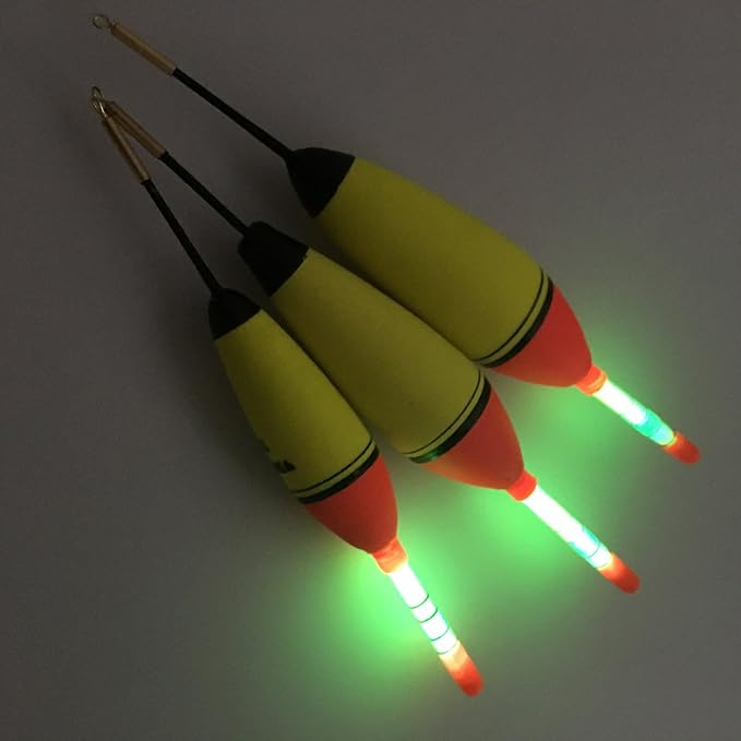 QualyQualy Lighted Fishing Slip Bobber 4-5Pcs Wood/EVA Fish Float + 8-10Pcs Glow Sticks, Night Fishing Light Up Slip Bobber for Crappie Bass Panfish Catfish Walleye