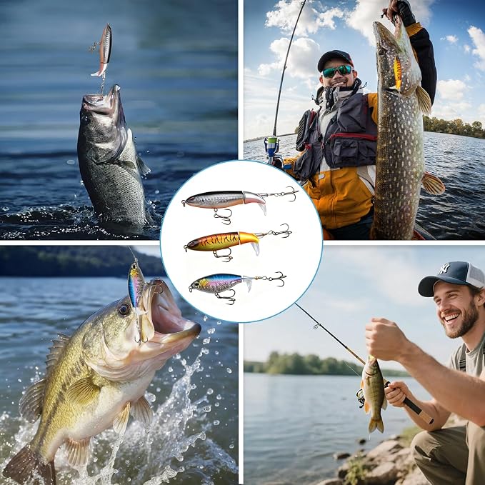 8PCS Fishing Lure Whopper Set, Top Water Plopper Bait for Bass, Popper Lures for Freshwater& Saltwater with Floating Rotating Tail and Sharp Barb Treble Hooks