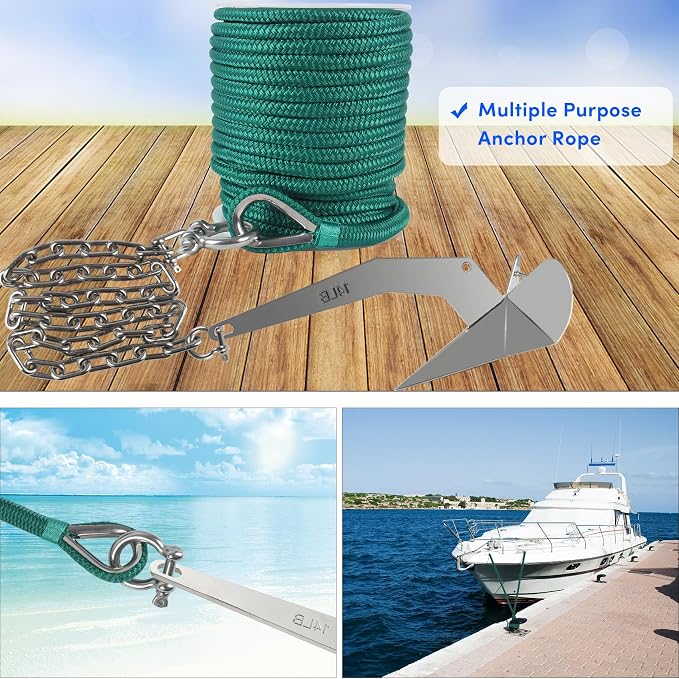 Boat Anchor Rope 100 ft x 3/8 inch Forest Green, Double Braided Anchor Line with Stainless Steel Thimble & Shackle, Marine Rope Ideal for Towing,Mooring,Decks,Anchoring,for Boats Up to 27'
