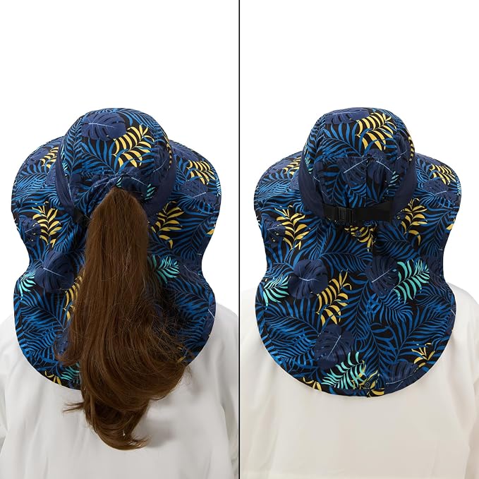 BASSDASH UPF 50+ Unisex Water Resistant Wide Brim Sun Hat with Large Neck Flap Ponytail Fishing Hat for Men Women