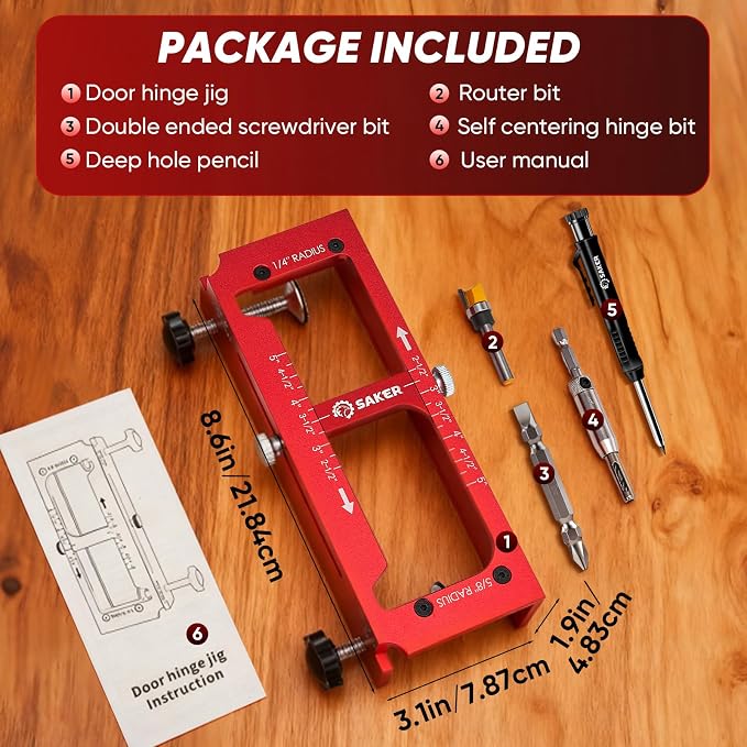 Saker Door Hinge Jig and Deep Hole Pencil Set,Aluminum Alloy Doors Hinges Router Jig,Adjustable Doors Jamb Hinge Jigs,Fits Door Hinges from 2.5" to 5" Length and Thicknesses,Radius 1/4” or Radius 5/8”