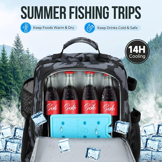 PLUSINNO Cooler Fishing Backpack with Rod Holders 45L Large Water-resistant Fishing Tackle bag Store Fishing Gear Fishing Gifts for Men Father