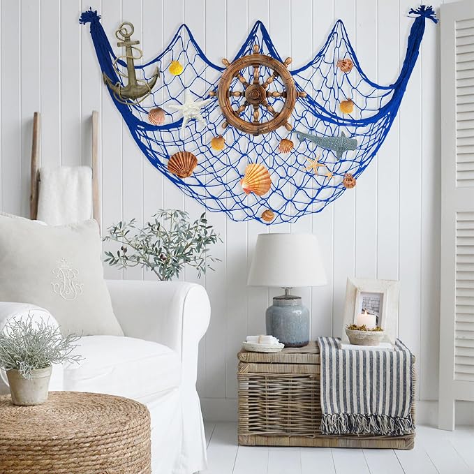 80x40 Inch Decorative Fishing Net w/Shells & Clips, 3mm Thickness Navy Blue Natural Cotton Large Photo Hanging Fishnet, Wall Party Decorations for Nautical Pirate Hawaii Mermaid Themed Party