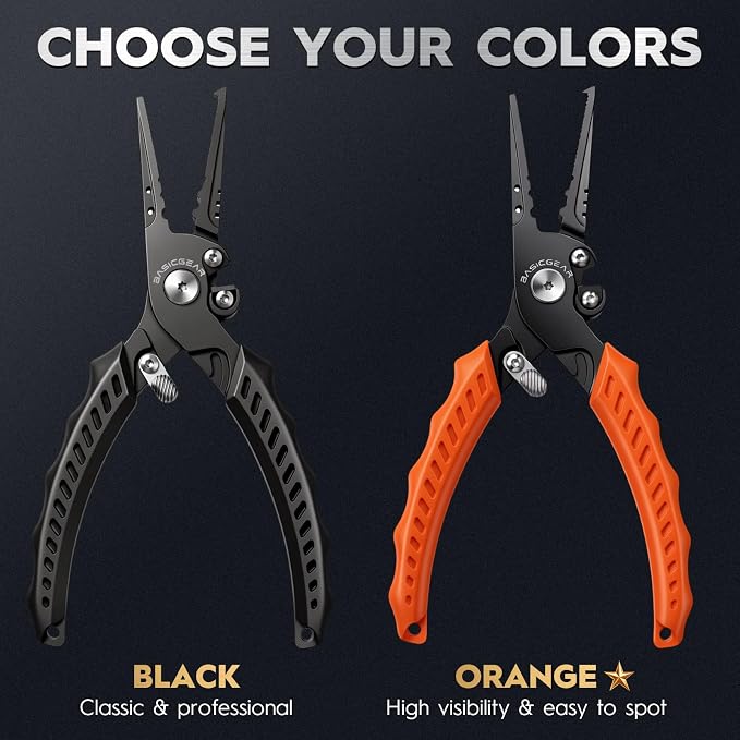 BasicGear Fishing Pliers, 17-4 PH Stainless Steel Saltwater Pliers, Braid Cutter, Split Ring Tool, Corrosion Resistant, One-Hand Operation (7.5" Standard (All-Purpose) - Black)