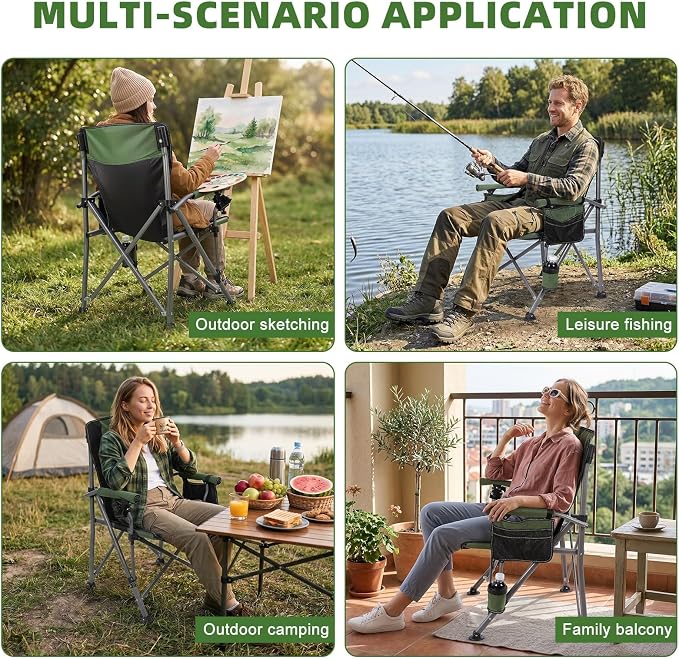 New Folding Fishing Chair with Rod Holder, 150Kg Heavy Duty All Terrain Chair with Side Pocket, Cup Holder, Portable Adults Armchair for Outdoor, Camping, Garden, Beach, Lawn, Picnic Black Green