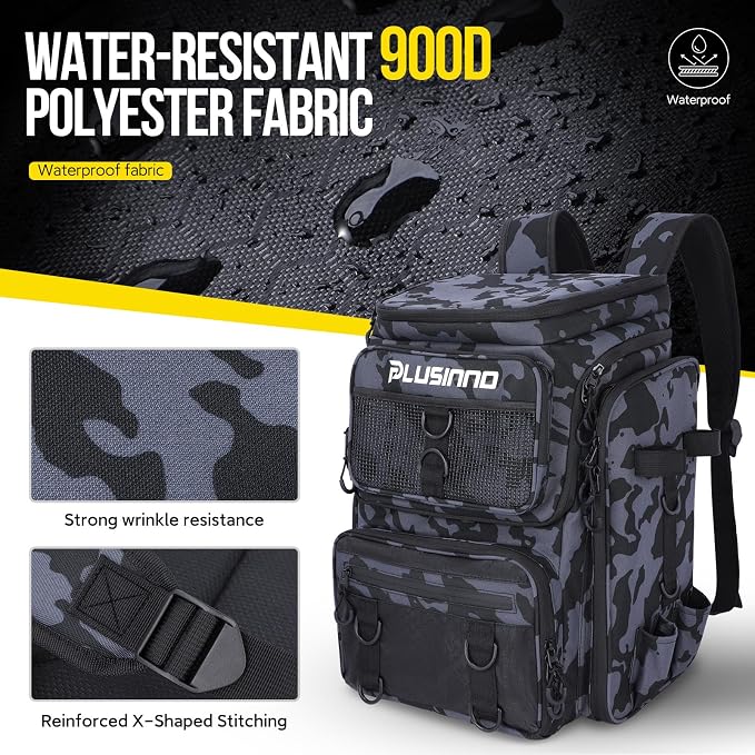 PLUSINNO Fishing Backpack with Tackle Boxes,Fishing Gear,42L Waterproof tackle Backpack with Rod Holders,Lures,Tools,Pliers & Accessories, Fishing Gifts for Men