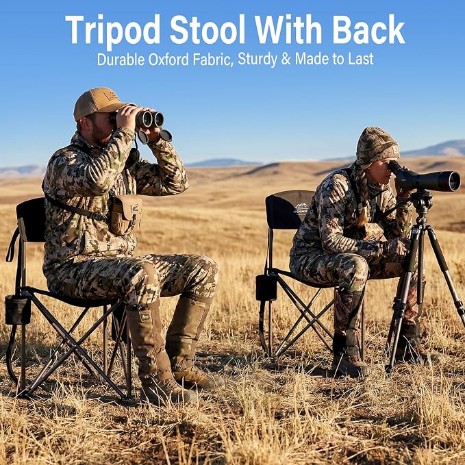2 Pack Folding Camping Tripod Stool with Backrest & Cup Holder, Lightweight Portable Outdoor Chairs for Adults, Compact 3-Leg Seat for Fishing, Hunting, Hiking & Travel w/Bag - Black