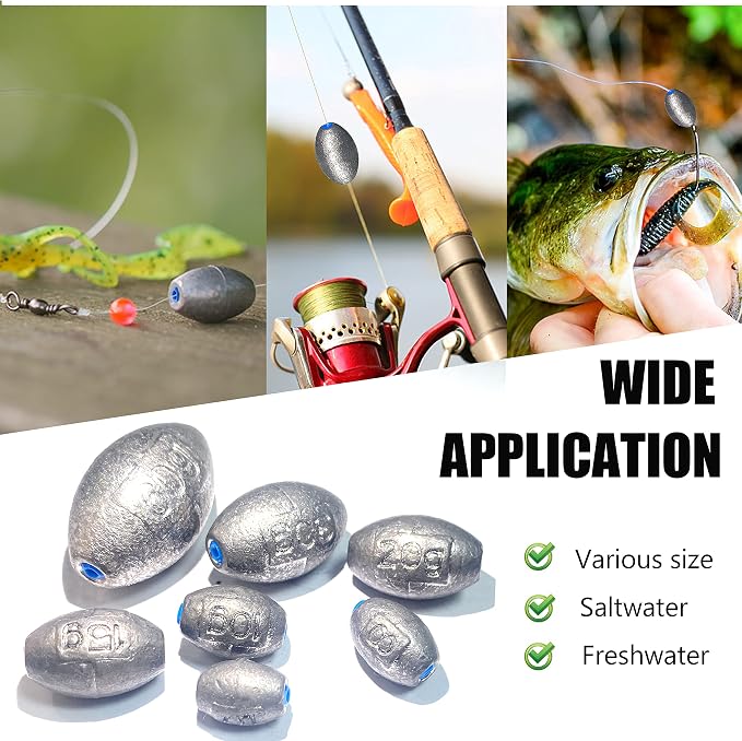 Egg Sinkers Bullet Fishing Weights Oval Shaped with Plastic Core Slip Sinkers for Catfish Fishing Casting Saltwater and Freshwater 1/5oz to 2oz