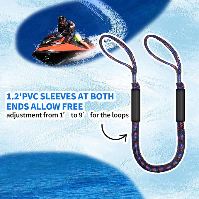 2-Pack Bungee Dock Lines for Boats with Loops, Boat Tie Downs for Docking, Adjustable Boat Mooring Rope for Pontoon, Jon Boat & PWC (Black, Blue & Red, 4 FT)