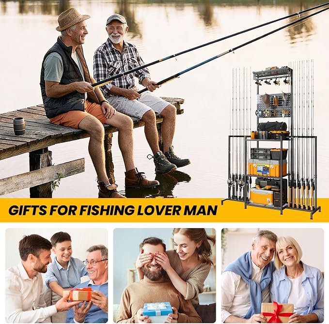 YQSLYSF Fishing Rod Holders for Garage with Pegboard & Metal Mesh Basket, Fishing Rod Storage Rack, Vertical Fishing Pole Holder for Up to 12 -24 Poles, Tackle Gear Organizer