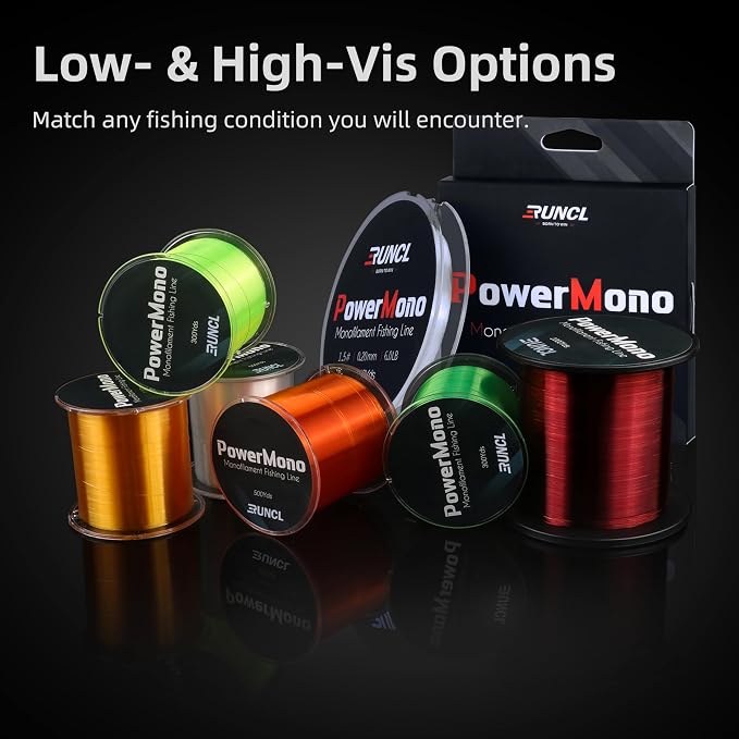 RUNCL PowerMono Fishing Line, Ice Monofilament Fishing Line 300/500/1000Yds - Ultimate Strength, Shock Absorber, Suspend in Water, Knot Friendly 3-35LB, Low & High-Vis Available, Gift Decoration