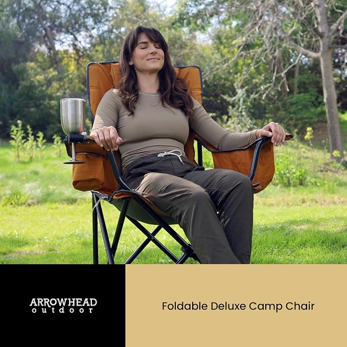 ARROWHEAD OUTDOOR 2-Pack Portable Deluxe Folding Camp Quad Chair w/Headrest, Glass & Cup Holders, Armest 6-can Cooler, Heavy Duty Carry Bag, 550 lbs Weight Capacity