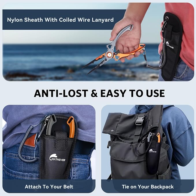 Fishing Pliers Hook Remover, Saltwater Split Ring Pliers with Safety Lock, Fishing Gear with Sheath and Lanyard, Fishing Gifts for Men