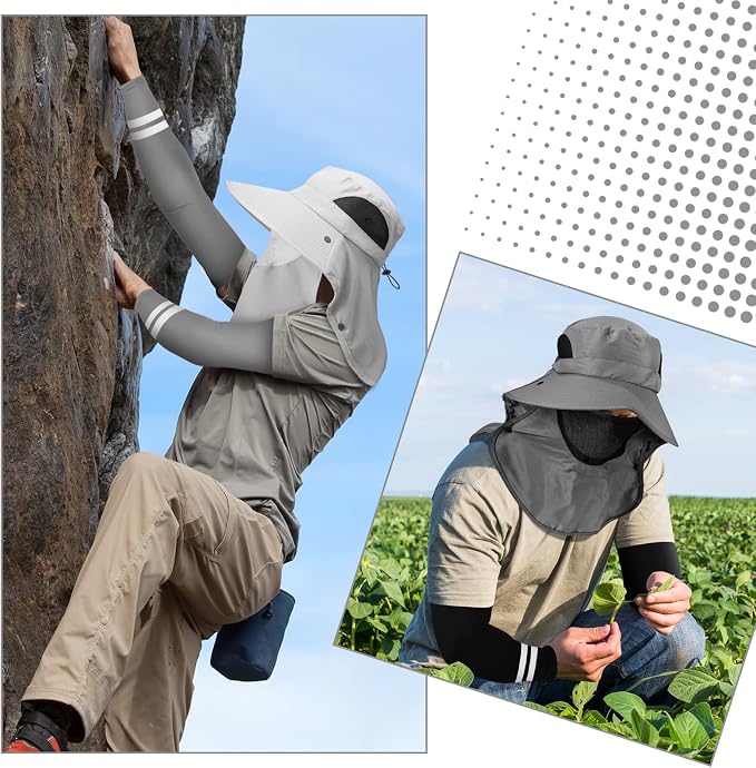 Berlune 6 Pcs Sun Hats for Men Women Fishing Hats with Face Cover and Arm Sleeves Outdoor Wide Brim Hat Summer UV Sun Protection Hat for Fishing Hiking Gardening