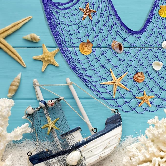 ZUEXT Dark Blue Decorative Fishing Net 80x40 Inch, 2PCS Picture Fish Net, Mermaid Net Cotton Fishnet Wall Hanging Decor for Hawaiian Nautical Beach Party, Fishnet Photo Display Sea Themed FishNet
