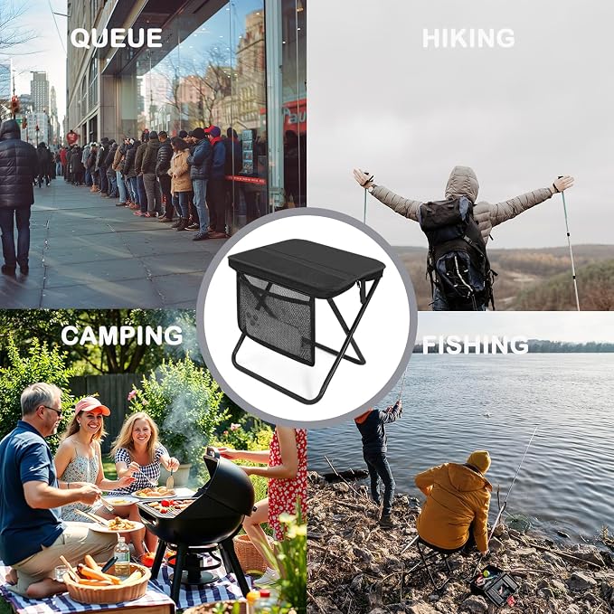 Portable Stool, Pocket Chair Fishing Stool, Large Size Adjustable Shoulder Strap Folding Stool, 2026 New Ultralight Foldable Stools with 2pcs Storage Pouch for Hiking, Fishing, Camping, Picnic (Black)