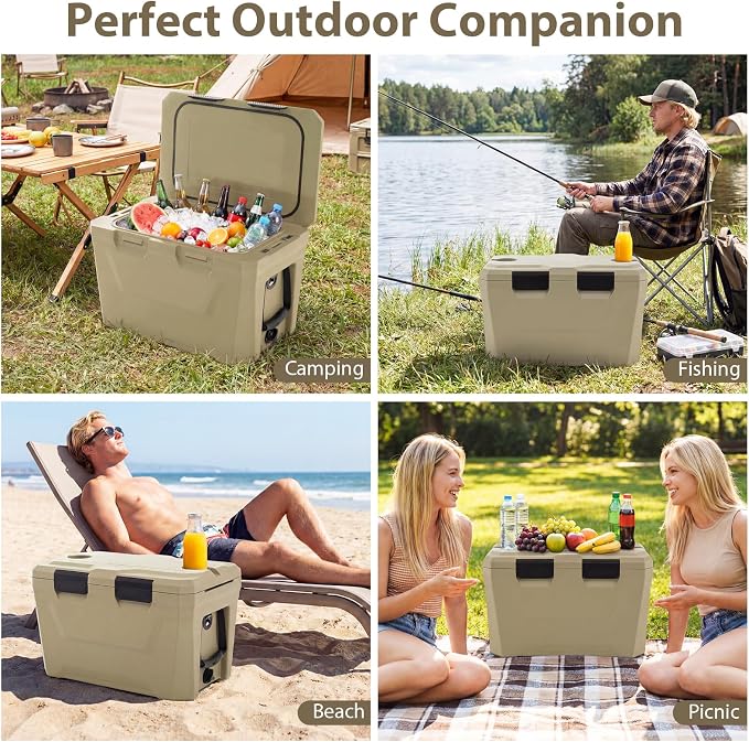COSTWAY Insulated Portable Cooler, Hard Shell Ice Chest w/ 2 Cup Holders, Bottle Opener, Drain Plug, 3-Day Ice Retention, Outdoor Leak-Proof Dry Box for Beach, Camping, Fishing, Picnic