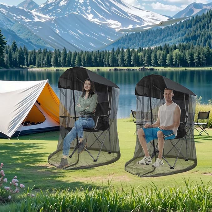 2PCS Mosquito Net Cover for Canopy Chair, 63"H Bug Barrier Mosquitos Mesh Tent Black Chair Mosquito Netting with Zipper 35"X32" Waterproof Roof for Fishing Camping Chairs Outdoors, Chair Not Included