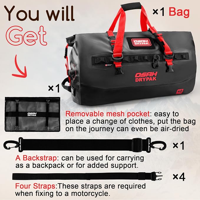 OSAH DRYPAK Waterproof Duffel Bag 25L/40L/60L β Heavy-Duty Motorcycle Tail Bag, Roll-Top Dry Bag for Travel, Camping, Boating, Kayaking, Outdoor Adventure