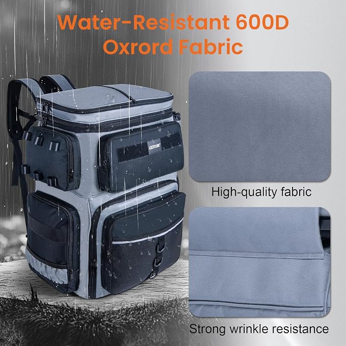 Goture 66L Rolling Tackle Box with Cooler, Gray Large Fishing Bag with Wheels for 5 3700 Trays(Trays Not Included), Saltwater Resistant Tackle Backpack with Rod Holders