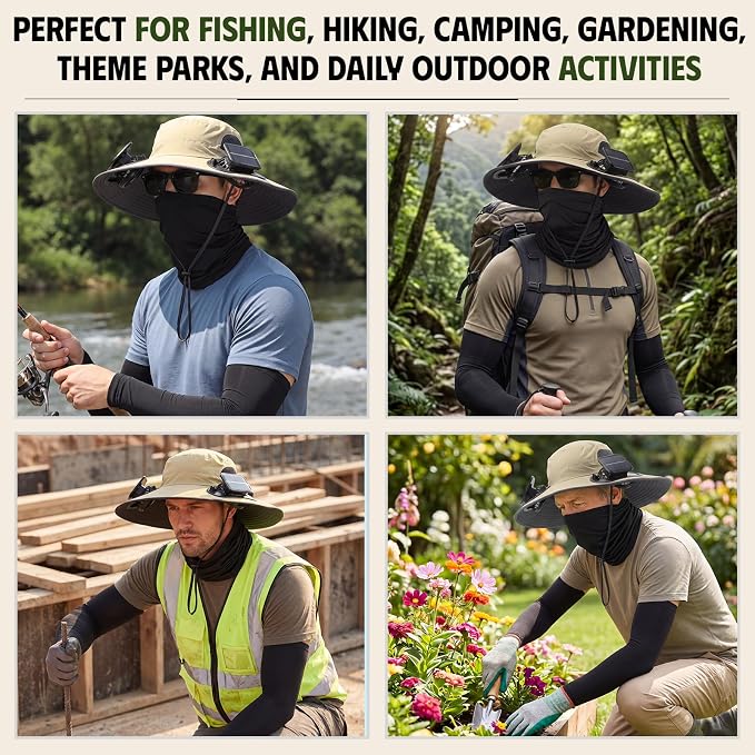 Syhood Solar Powered Fan Hat Neck Gaiter Arm Sleeves Sun Bucket Hat with Fan Cooling Wide Brim Hats for Fishing Hiking