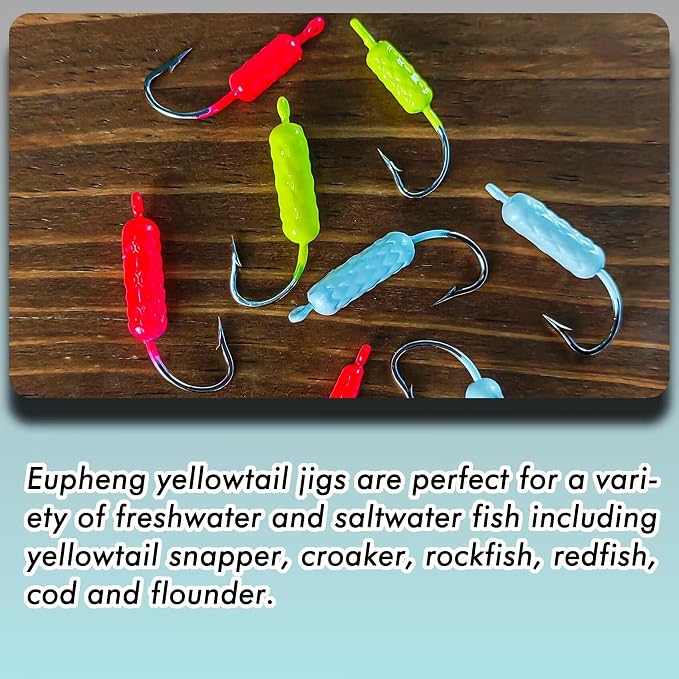 Eupheng UV Glow in Dark Yellowtail Snapper Jigs, 15PCS 1/4oz, 1/8oz, 1/16oz Weighted Jig Head with Stainless steel Hook Yellowtail jig hook for Saltwater and Freshwater Fishing
