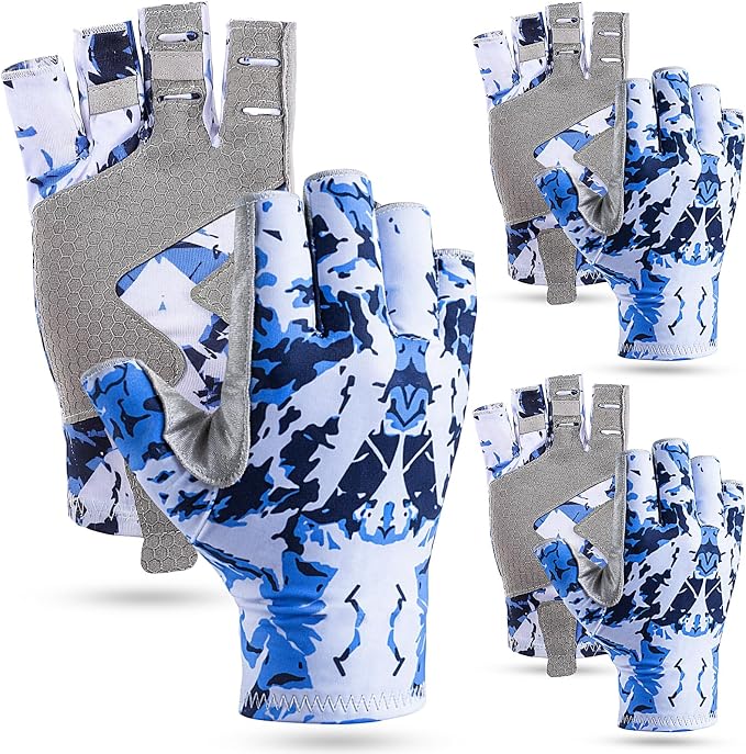 Unittype 3 Pairs Fishing Gloves, UPF50 Fingerless Sun Protection Gloves for Outdoor Fishing, Breathable Non-Slip Grip, Sky Blue