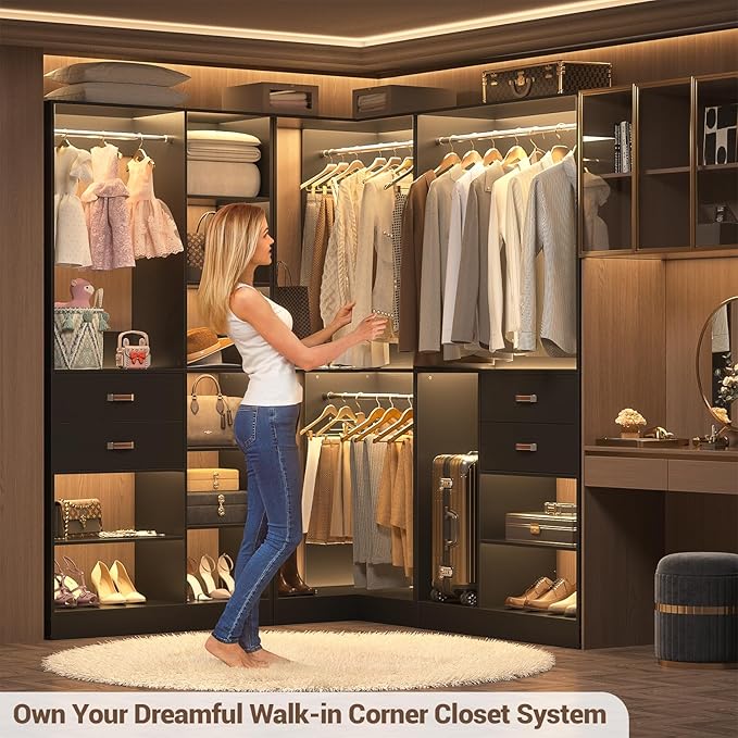 Armocity Corner Closet System, 32 Inches Wide Wood Corner Unit with 2 Hanging Rods and All Hardware Kits, 3-Tier 80'' Height Corner Wood Closet Tower, Black