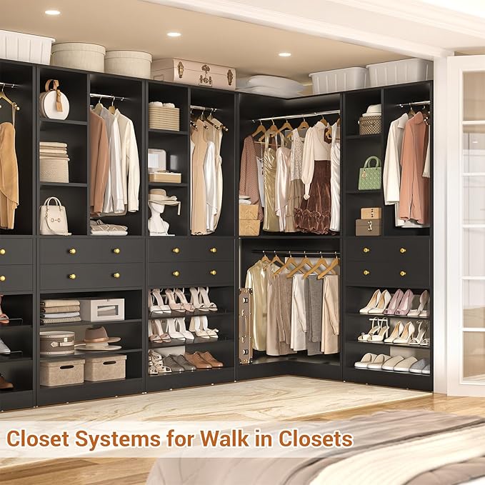 Closet System with 4 Drawers and Hanging Rods, 59.5"L / 87"L Closet Organizer System with Corner Tower, L Shaped Walk-in Closet System, Corner Closet System with Shelves, Set of 3, Black