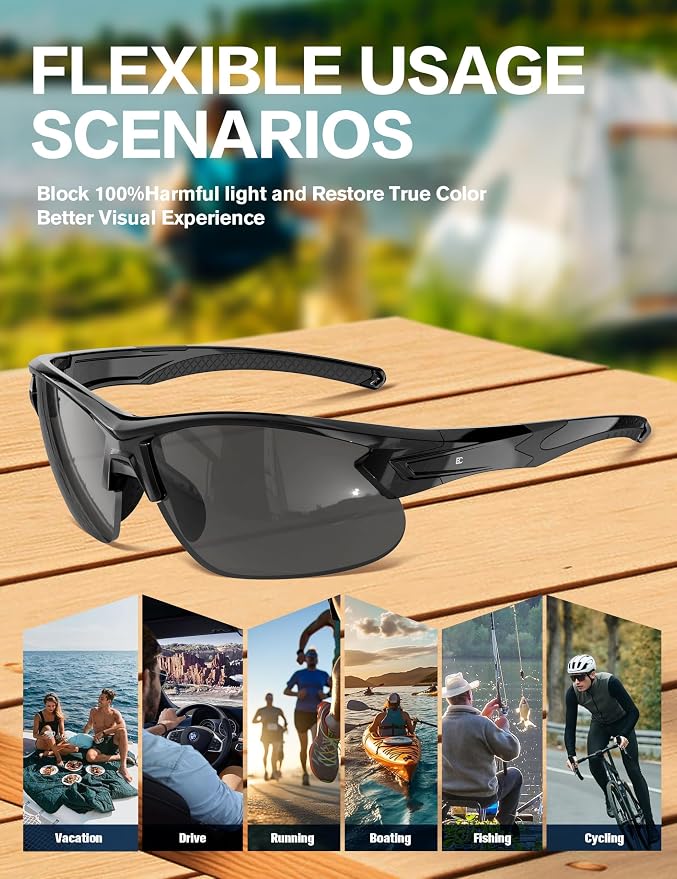 BIRCEN Mens Polarized Sunglasses for Sports: TR90 Lightweight Sun Glasses Wrap Around Shades for Fishing Driving Cycling