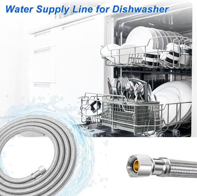 15FT Stainless Steel Braided Water Supply Line for Dishwasher, Brass 3/8 Inch Compression x 3/8 Inch Compression Connections, Food Grade PEX Inner Tube Water Hose