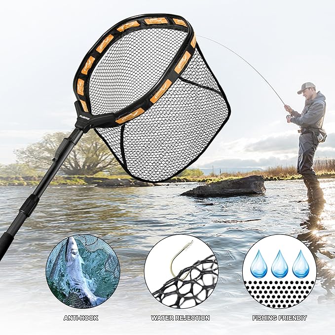 PLUSINNO Fishing Net Fish Floating Landing Net, Kayak Nets with Fixed Foldable Telescopic Pole Handle, Bass Trout Fishing Nets with Nylon Mesh for Pond Lake River, Fishing Gear Gifts for Men Anglers