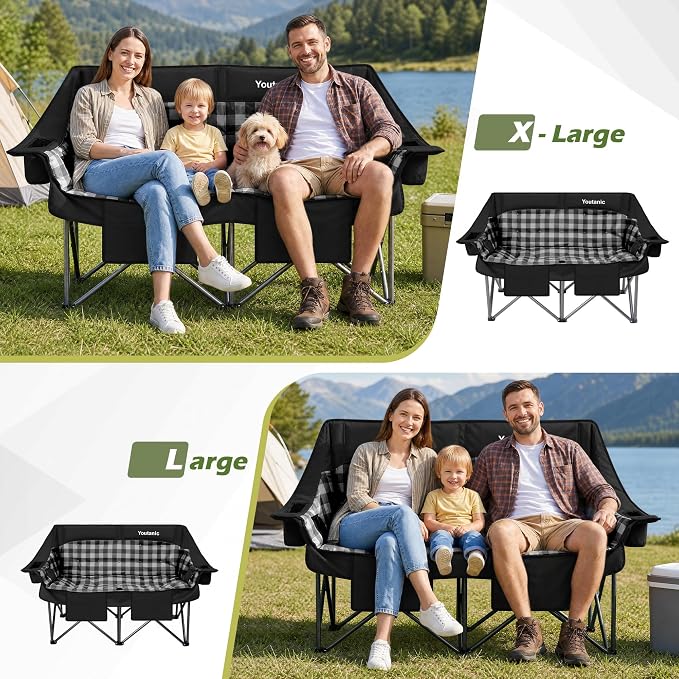 Youtanic 60" Extra Double Camping Chair, 700lbs Heavy Duty Padded Loveseat for Adults, Oversized 2 Person Folding Camp Couch with Dual Cup Holders, Portable Plaid Lawn Chair for Outside, Sports, Black