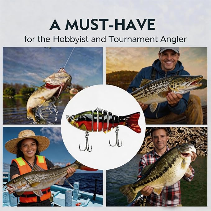 Multi Jointed Swimbait Hard Lure, 3.7in Slow Sinking Fishing Lures with Realistic S-Shaped Swimming Action, Built-in Gravity Transfer System & #6 Treble Hooks for Bass, Trout, Pike, Topwater Lure