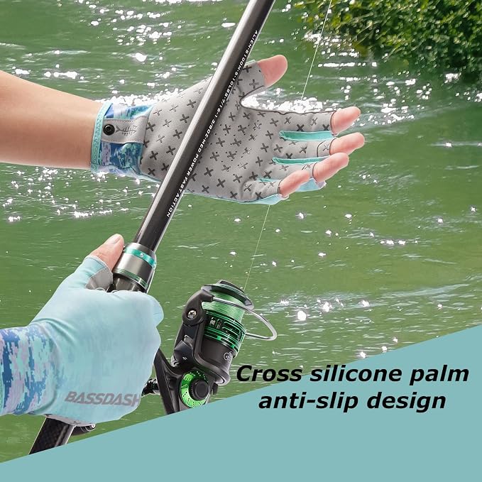 BASSDASH 3/4 Finger UPF 50+ Sun Gloves Breathable Anti-Slip Silicone Palm for Men Women Fishing Fingerless Cycling Running