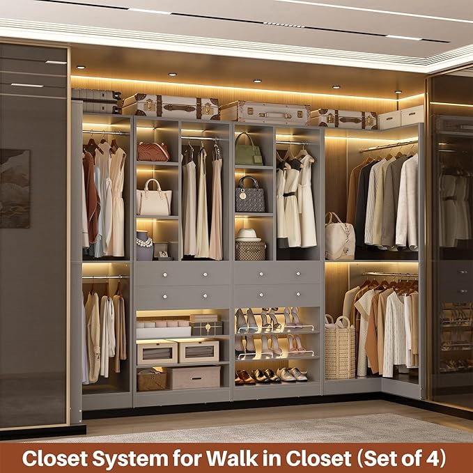 Closet System with 4 Drawers & Corner Tower, Closet Organizer System with 4 Hanging Robs, Reversible U Shaped Walk-in Closet System, Load 2600+LBS Capacity, Set of 4, Morandi Grey