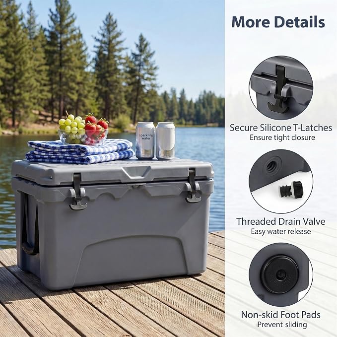 COSTWAY Portable Insulated Hard Cooler – Keeps Ice Up to 6 Days, Heavy-Duty Outdoor Ice Chest with Cup Holders, Built-in Fish Ruler & Bottle Opener for Camping, Fishing, Beach, Tailgating