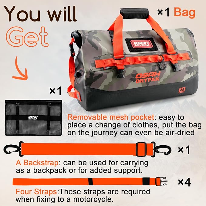 OSAH DRYPAK Waterproof Duffel Bag 25L/40L/60L β Heavy-Duty Motorcycle Tail Bag, Roll-Top Dry Bag for Travel, Camping, Boating, Kayaking, Outdoor Adventure