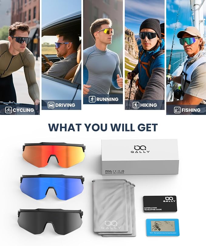 Polarized Sports Sunglasses for Men Women, UV400 Protection Mens Sunglasses Wrap Around Sun Glasses for Cycling Running
