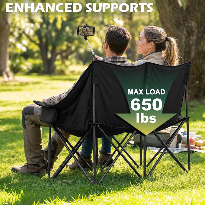 Youtanic Double Camping Chair, Heavy Duty 650lbs Padded Loveseat for Adults, Folding 2 Person Camp Couch with Cup Holder & Carry Bag, Wide Plaid Portable Lawn Seat for Outdoor Beach Sports, Red-Black