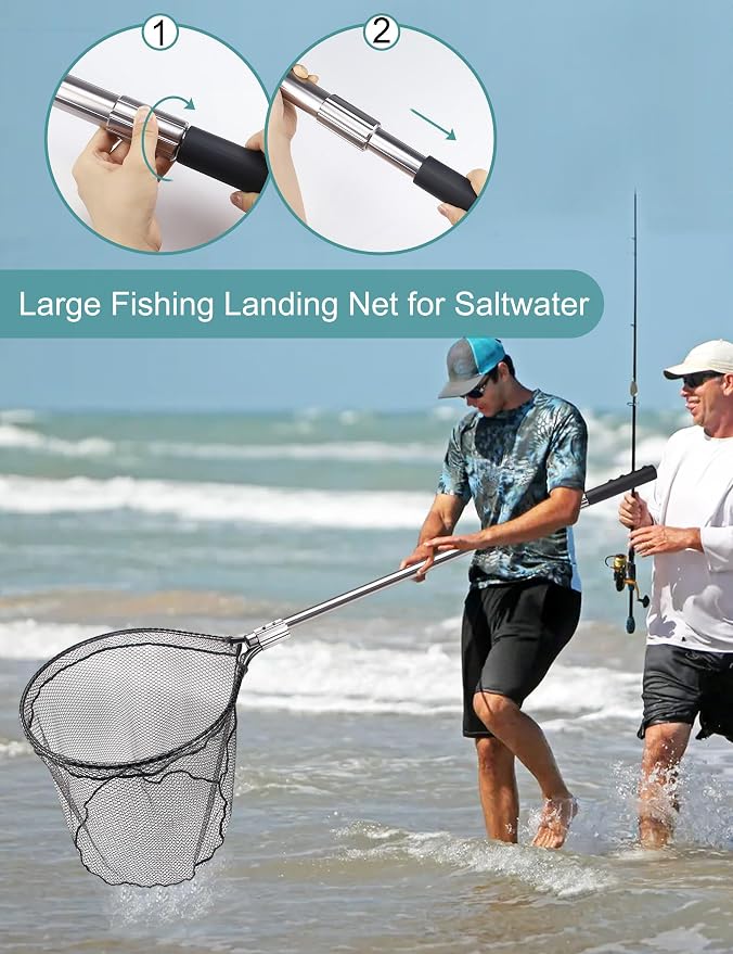 Avlcoaky 94" Telescopic Fishing Landing Net - Heavy-Duty Aluminum Handle with Non-Snag Rubber Coated Mesh, Extra Large Fishing Net for Saltwater Boat Fishing