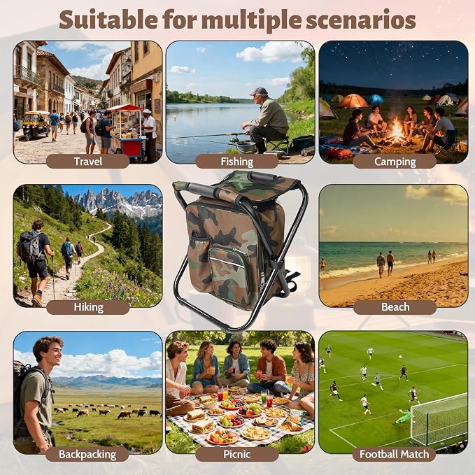 Folding Camping Chair Stool Backpack with Cooler Insulated Picnic Bag, Portable Hunting Fishing Multifunction Chair for Outdoors Hiking Hunting Travel (Camouflage)