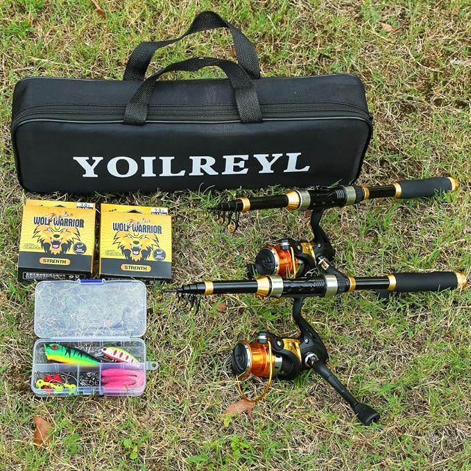 Yoilrey Fishing Rod and Reel Combo – 5.9ft Telescopic Fishing Pole Starter Kit with Spinning Reel, Fishing Line, Lure Box & Tackle Bag for Travel
