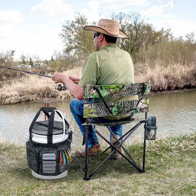 Fishing Bucket Organizer with Bucket Cover Fishing Tackle Bag with Rod & Plier Holder, Multi-Pockets for 5 Gallon Bucket Fishing Gear & Accessories Father Gifts