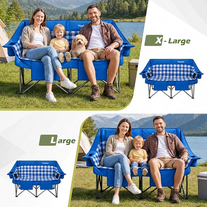Youtanic 60" Extra Double Camping Chair, 700lbs Heavy Duty Padded Loveseat for Adults, Oversized 2 Person Folding Camp Couch with Dual Cup Holders, Portable Plaid Lawn Chair for Outside, Sports, Blue
