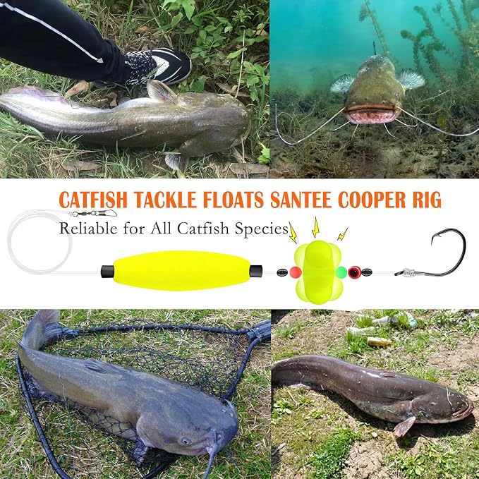 Catfish Rigs & Santee Rig Kit – 6pcs Pre-Tied Catfish Float Rigs with 5/0 6/0 7/0 Circle Hooks, Peg Floats – Heavy Duty Catfishing Tackle for Bank, Drift, or Bottom Fishing