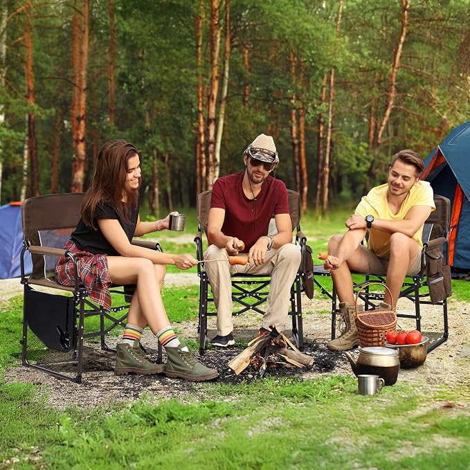 VINGLI Camping Chairs, Directors Chair, Camping Chair with Side Table & Carry Bag,Heavy Duty Camping Chairs for Adults, Portable Folding Camping Chair, Pocket for Beach, Fishing,Trip,Picnic,Lawn-Brown