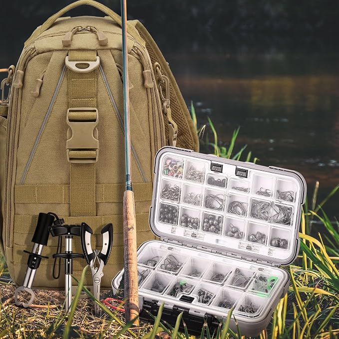 WinnerWhy 484 Pcs Fishing Tools Accessories Kit Include Fish Backpack Fish Hook Lures Hook Remover Lip Gripper for Men Women Fishing Gifts (Brown)