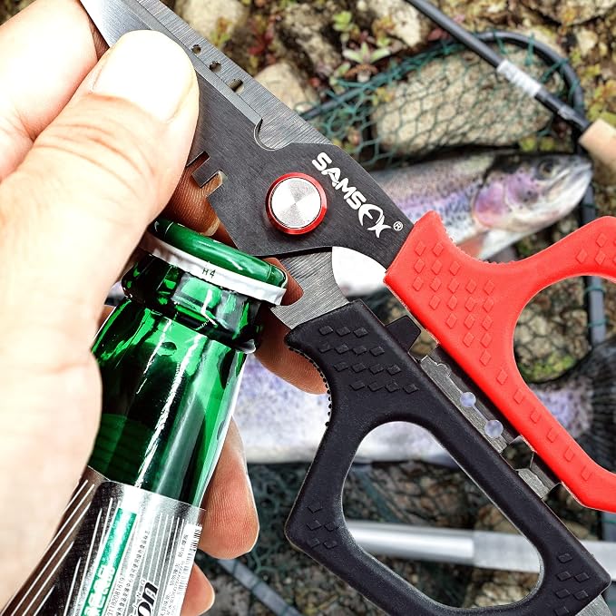 SAMSFX 6.5" Pro Fishing Shears Dual Serrated Blades, Fishing Braided Line Scissors with Titanium Coating, Non-Slip Grip & Multifunction Tool, Includes Hard Molded Locking Sheath & Coiled Lanyard